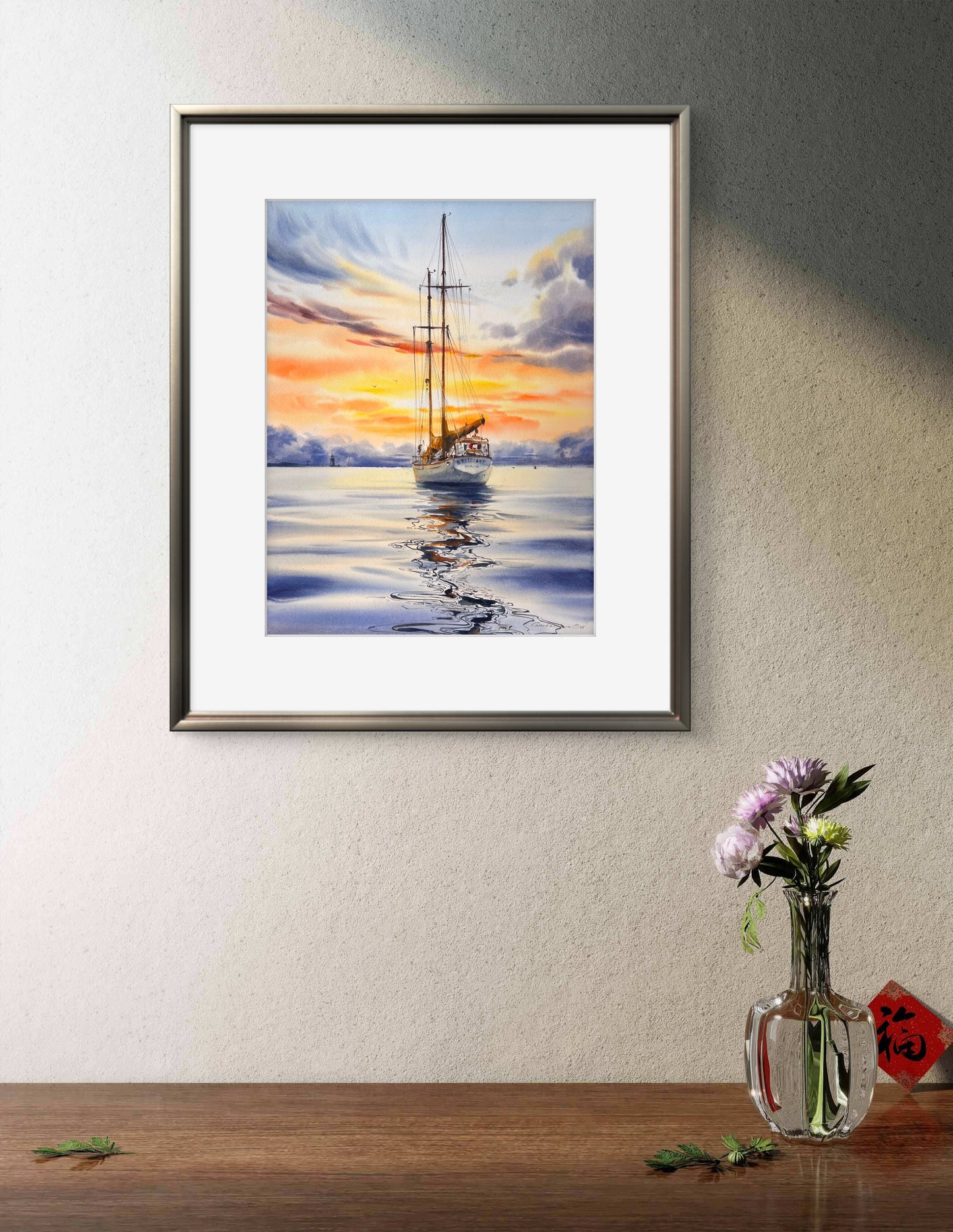 Original Sunset Sailboat Watercolor Painting, Yacht on Reflective Water Art,Golden hour on a yacht #2 12x16 in