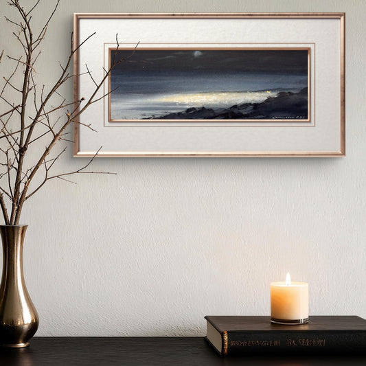 Cyprus Night Sea Watercolor Painting, Cyprus Moonlit Secrets 5.5 x15