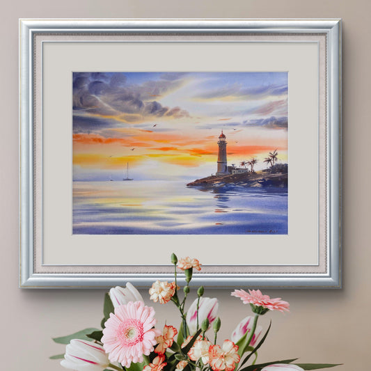 Lighthouse Watercolor Painting Sunset Seascape, The Guiding Light 12x16