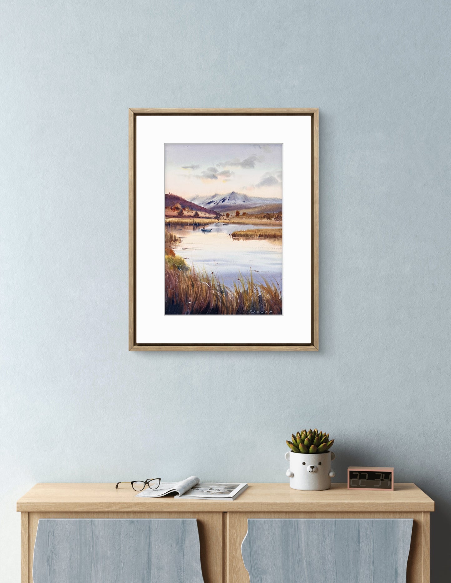 Original Watercolor Marsh Landscape Painting,River Scene with Boat and Mountains,Reflections in a quiet lake 11x16 in