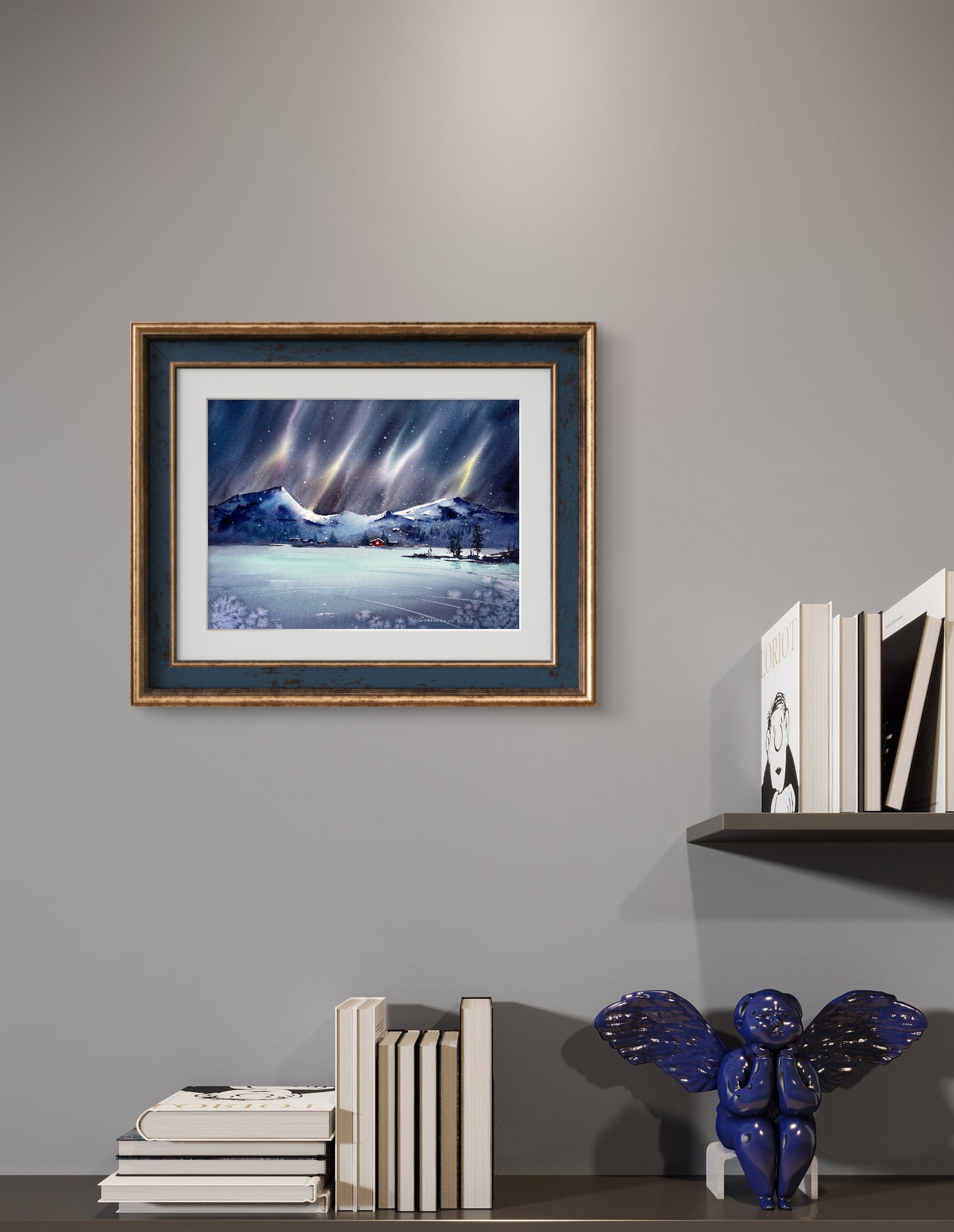 Northern lights #49 - Snowy Village Nordic Art: Cozy Red House Watercolor Painting, 9x12 in