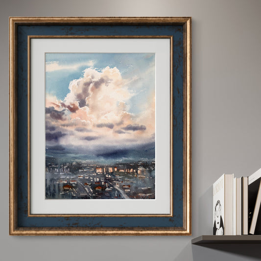 Under Cloud City Painting Original, Rainy Cityscape, Watercolor Artwork, City Cloudscape at Sunrise #3 12x16