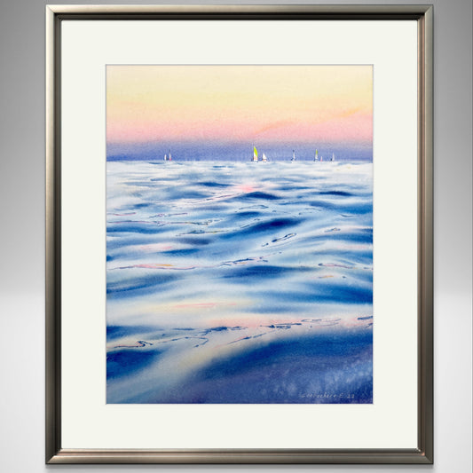 Seaview Painting, Yachting Watercolor Original Artwork, Sailboat Art, Coastal Artwork, Living Room Wall Decor, Pink Blue