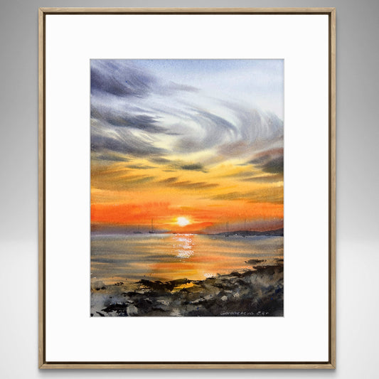 Seaside Sunset Watercolor Art | Orange Sunset #27 | Nautical Yachts 9x12 in