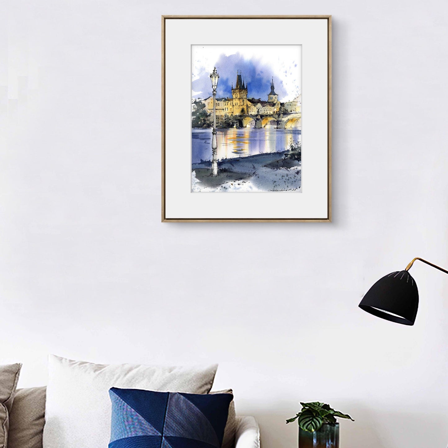 Charles Bridge Prague Watercolor Painting, Old Town Tower Art, Golden Prague Echo 9x12 in