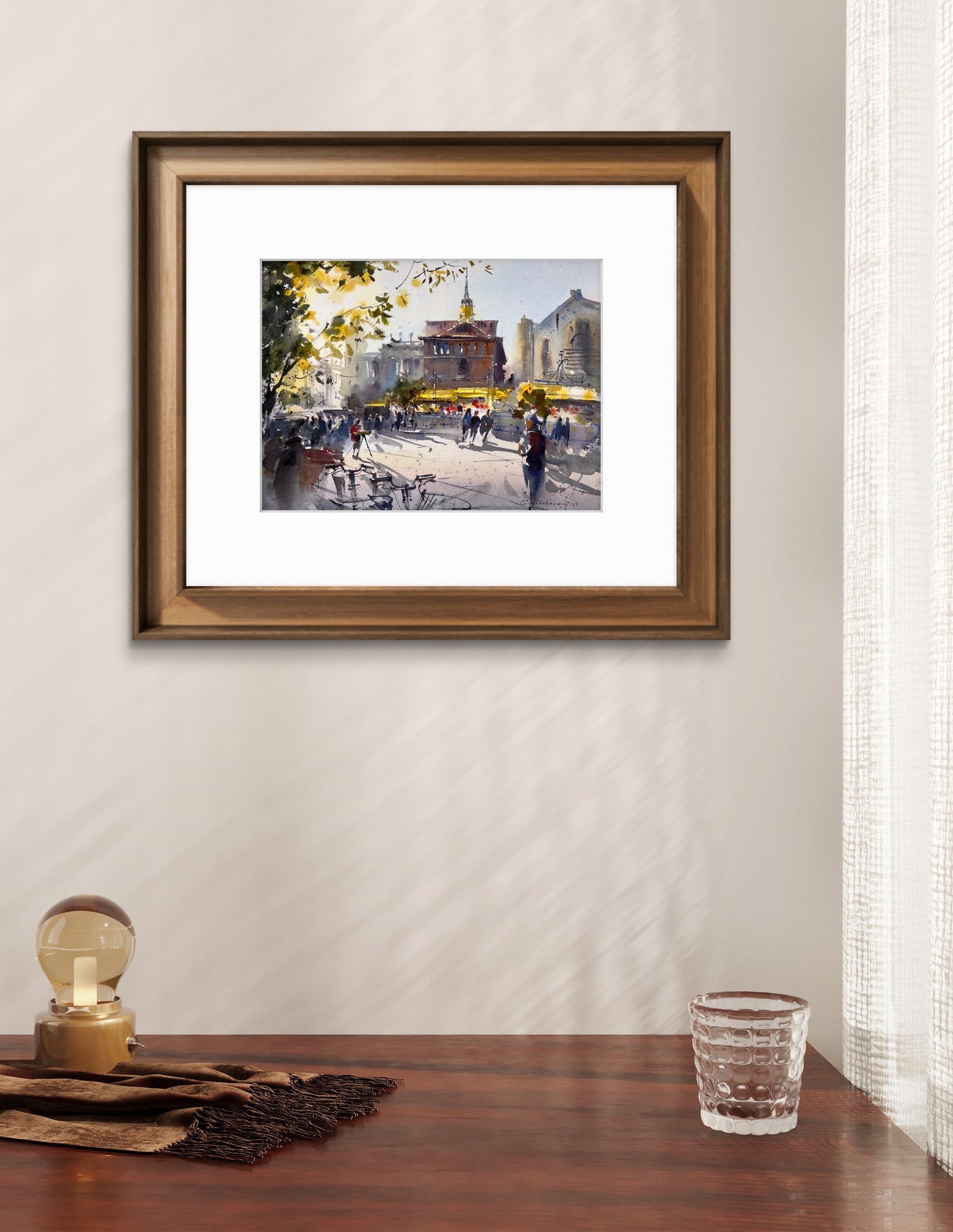 Valencia Spain Watercolor Painting Cityscape Art, Golden Valencia Glow 11x15 in