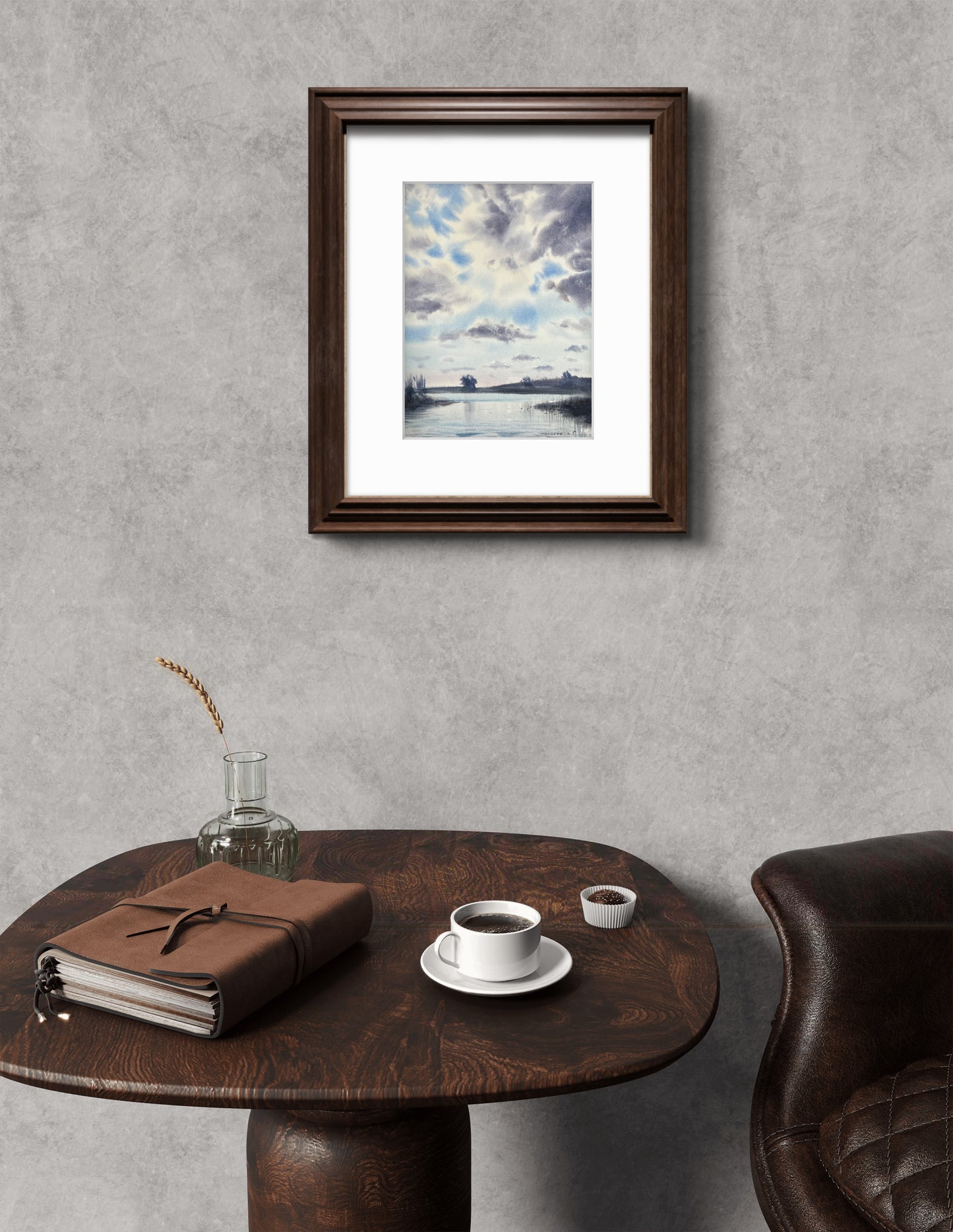 Painting, Watercolor Original, Landscape Art - Clouds over the River #6