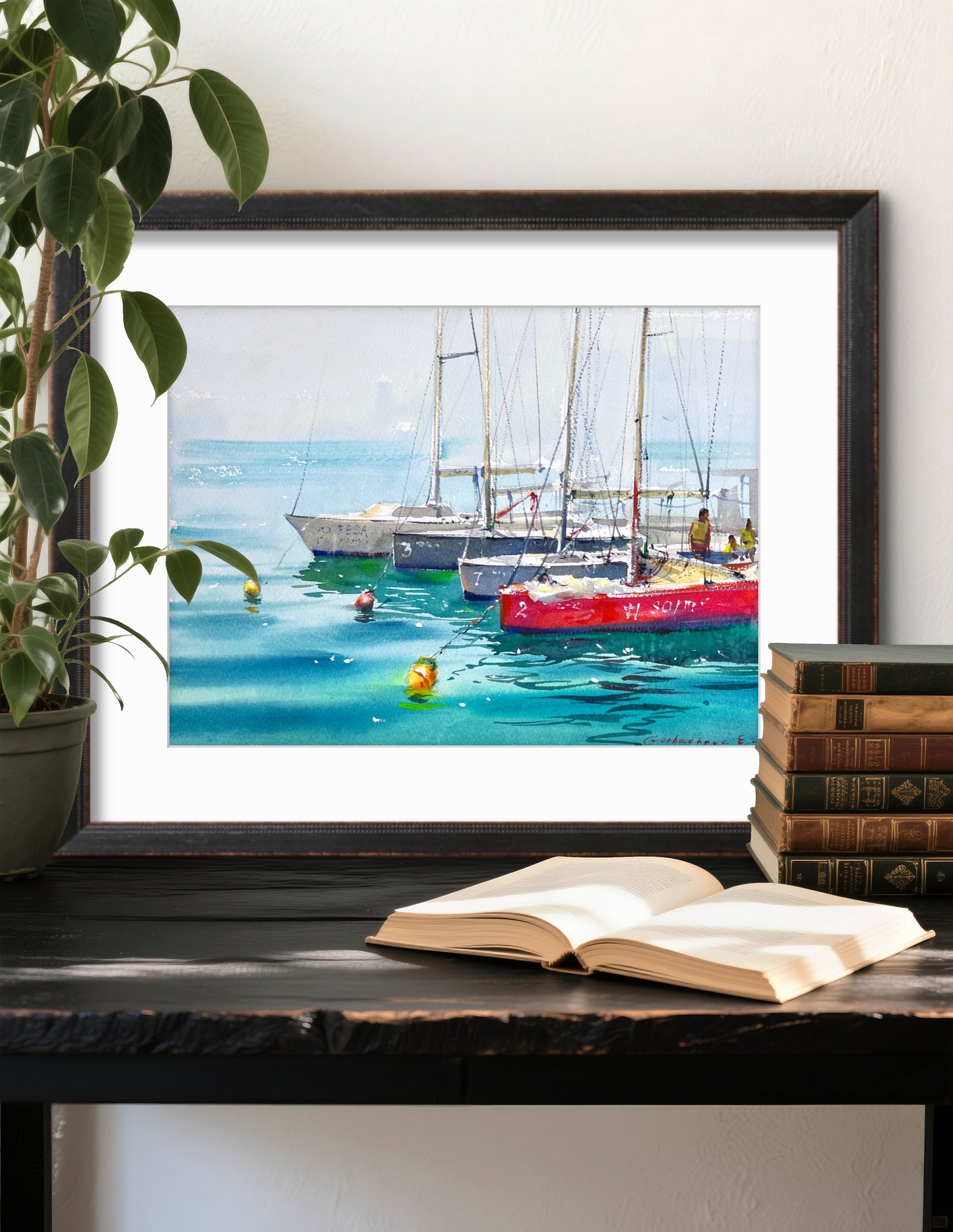 Coastal Sailboats Watercolor Painting, Seascape Marina Art, Boats on Blue Silence 11x15
