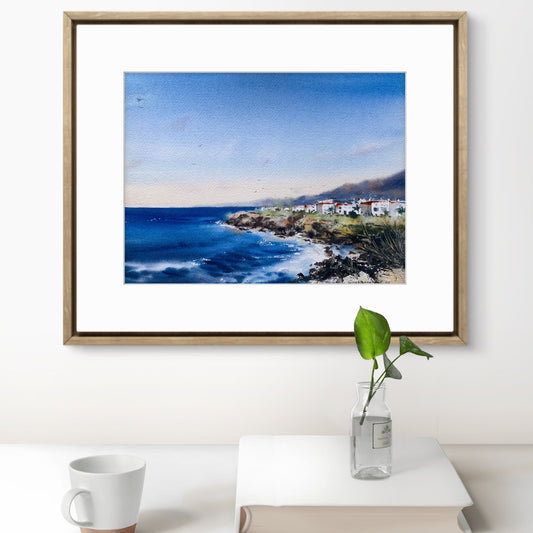 Cyprus Coast Watercolor Painting, Mediterranean Seascape Art, Sea coast Cyprus 9x12