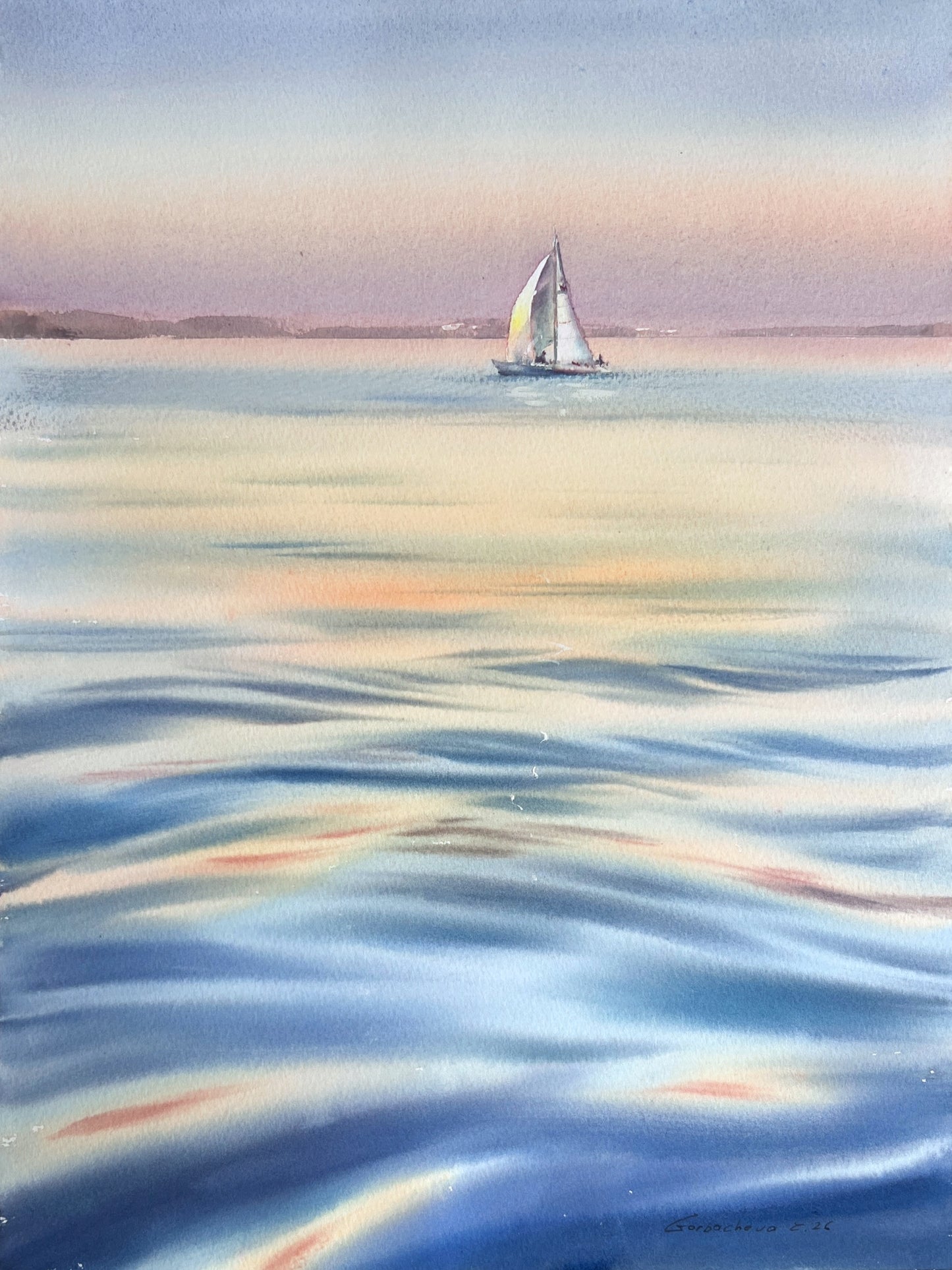 Pastel Sea Watercolor Painting, Sailboat at Sunset, Original Ocean Artwork, Sunset Yacht Song 12x16