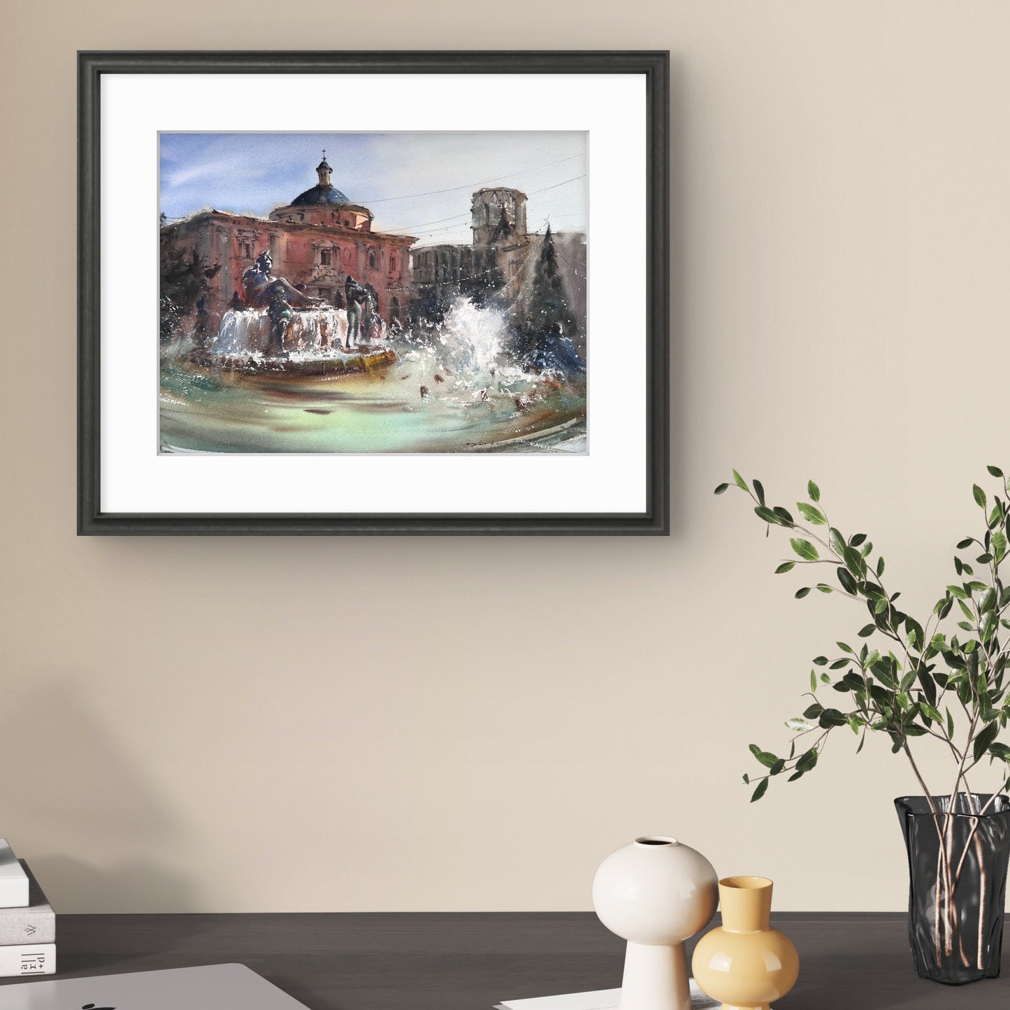 Valencia Fountain Watercolor Painting, Valencia Fountain Song 12x16 in