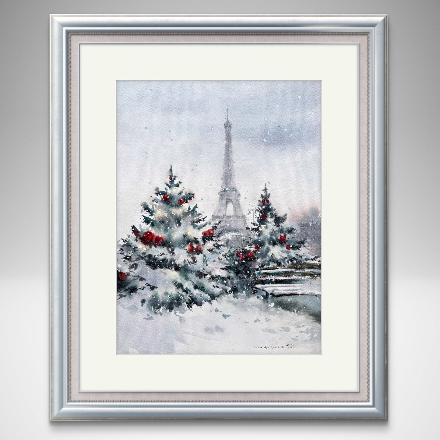 Christmas in Paris Original Painting - Eiffel Tower Snowy Fir Trees