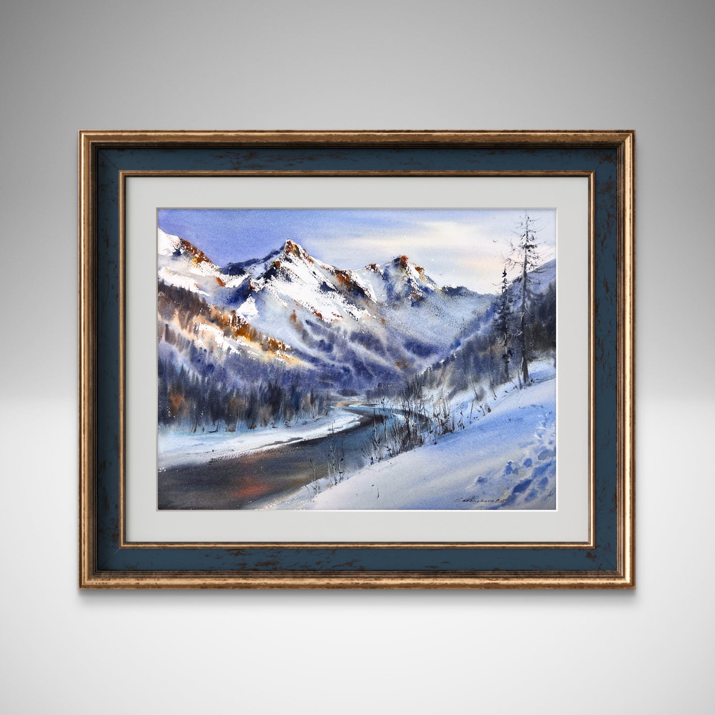 Original Mountain Landscape Watercolor, Snowy Alpine Peak Art, Blue Valley 12x16