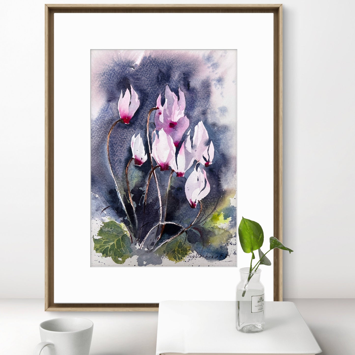 Vibrant Cyclamen Flower Watercolor Painting - Original Artwork 8x12 in