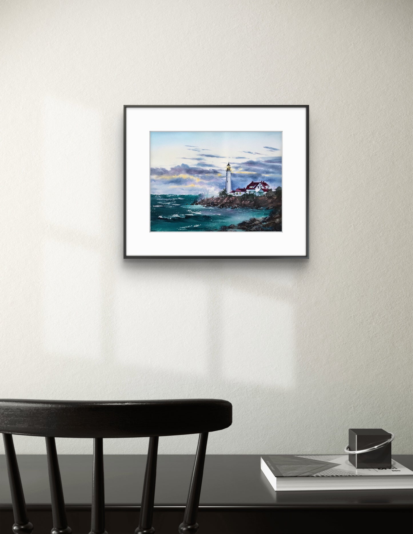 Sea Lighthouse Painting Original, Watercolor Ocean Art, Coastal Wall Decor, Seascape, Gifts Unique, Purple, Aquamarine