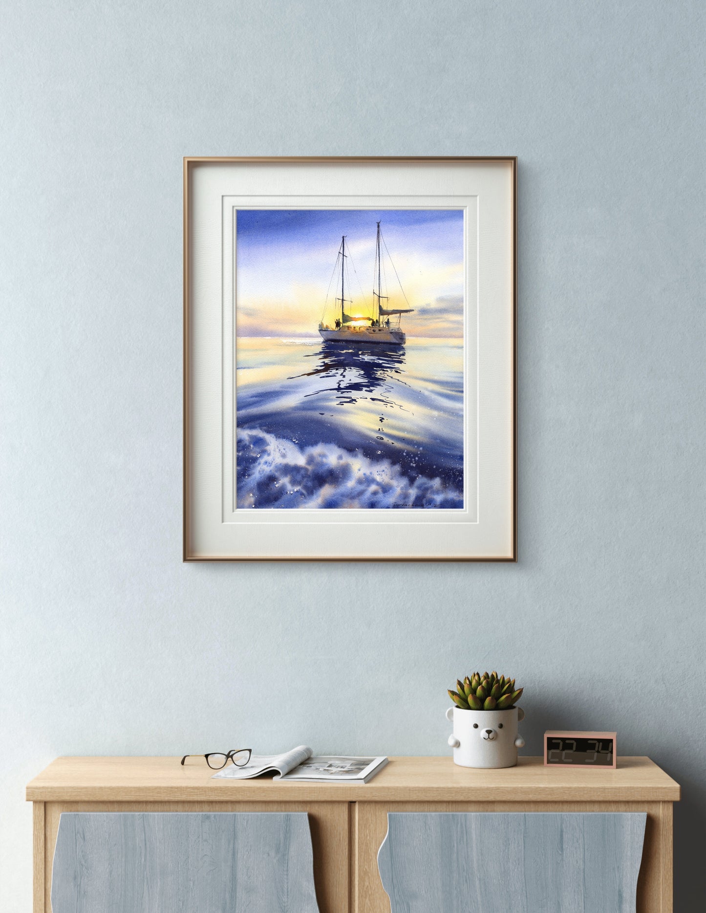 Watercolor Painting Original Seascape "Where the Yacht Meets the Sky #2" 12x16 in Blue Yellow Art Gift (Copy)