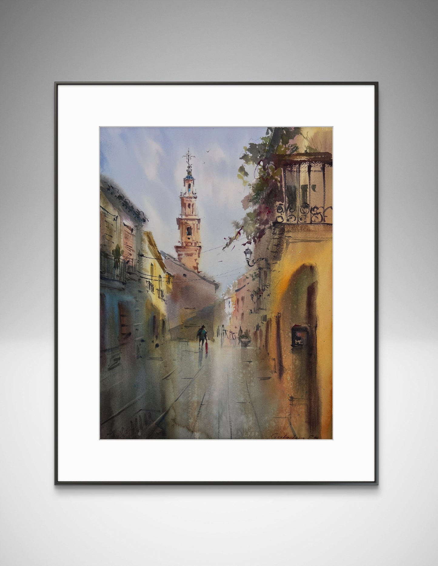 Original Sunlit European Street Watercolor Painting,A Walk Through Old Valencia 12x16