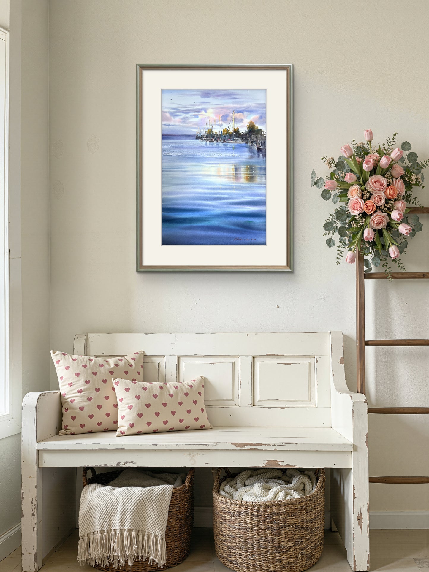 Lomonosov St Petersburg Watercolor, Russian Marina Painting, Baltic Seascape, Quiet Waters of St. Petersburg 15x22