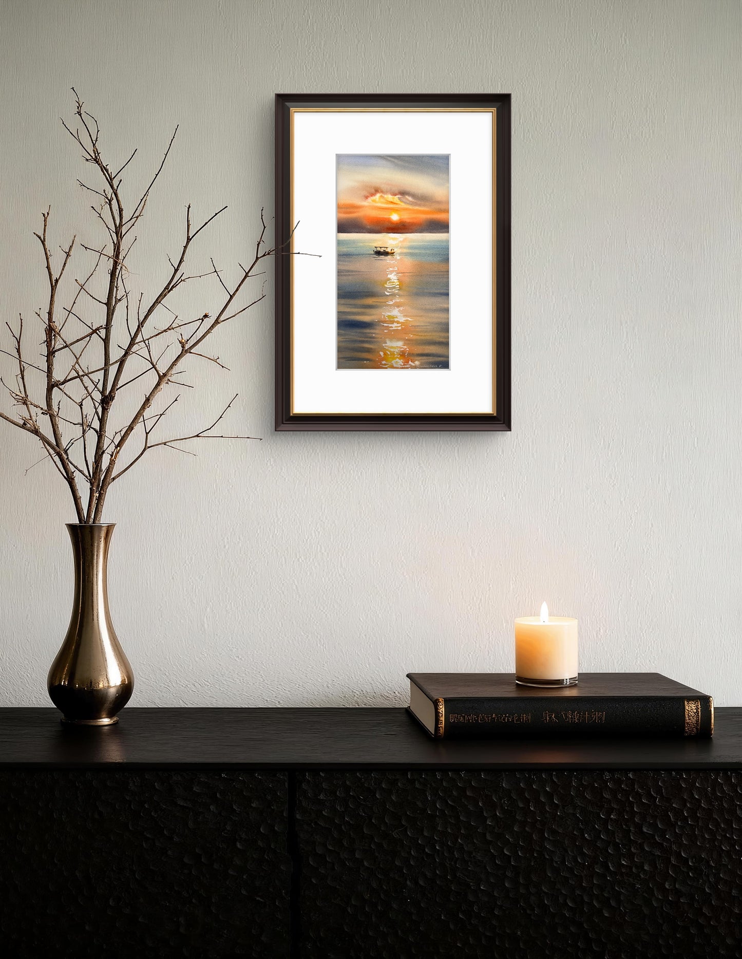 Orange Sunset Painting Original, Watercolor Fishing Boat Artwork - Golden cloud #2