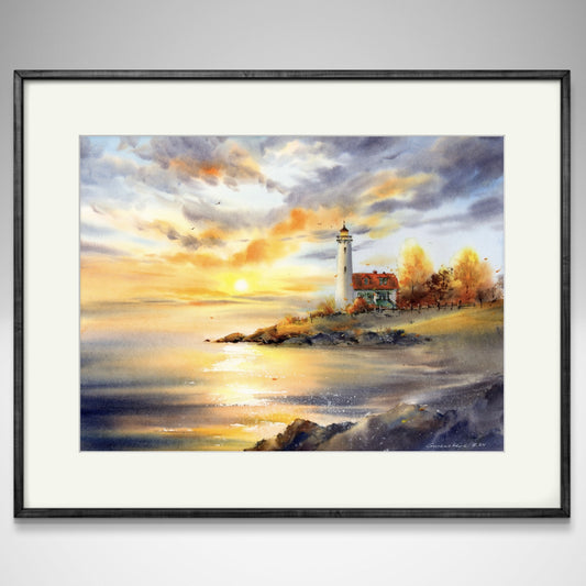 Lighthouse Art Print, Golden Foliage Watercolor Art - Autumn Landscape Print