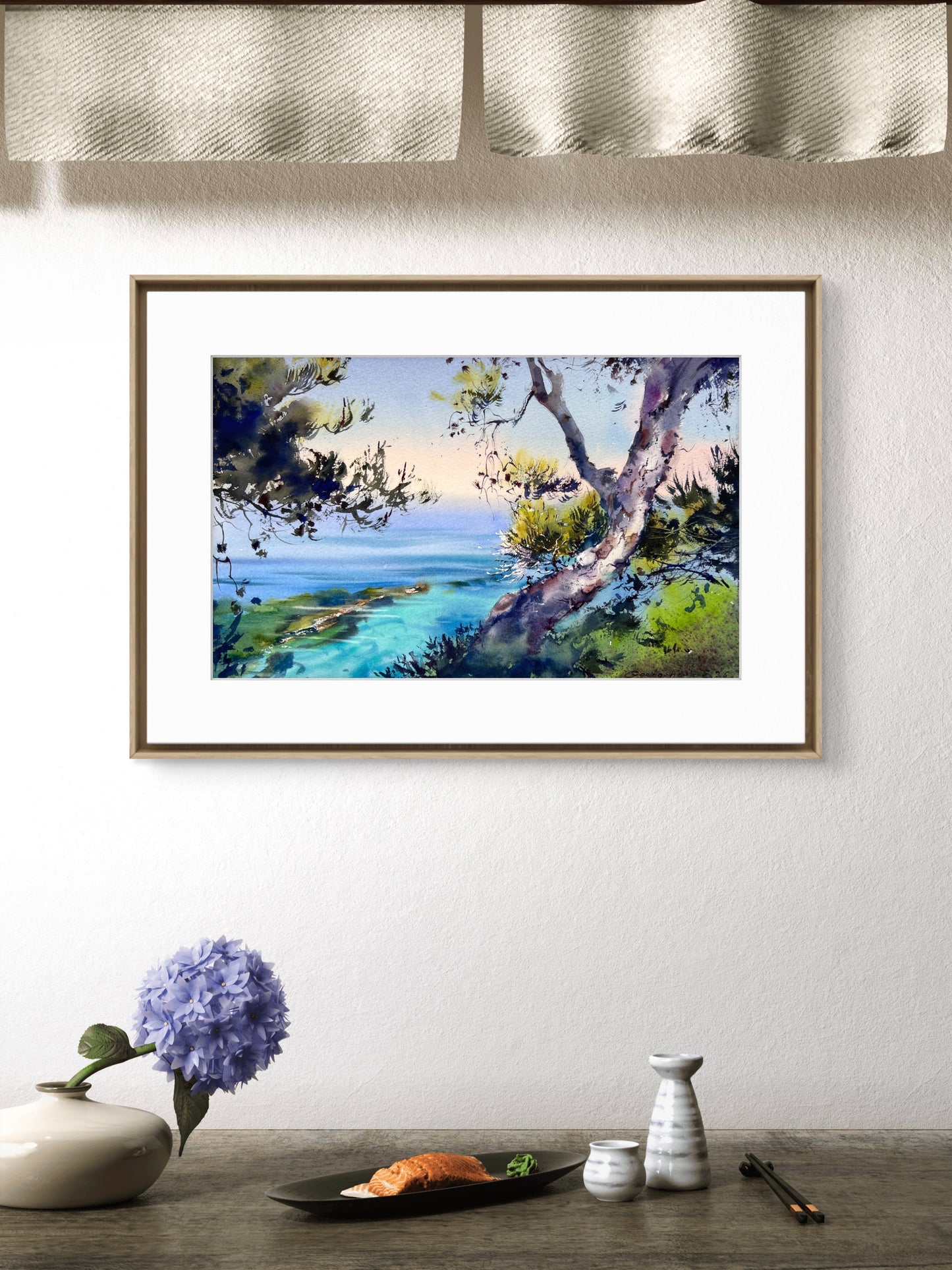 Original Italy Watercolor Painting, Italian Coastal Landscape, The azure serenity of Italy 9x15