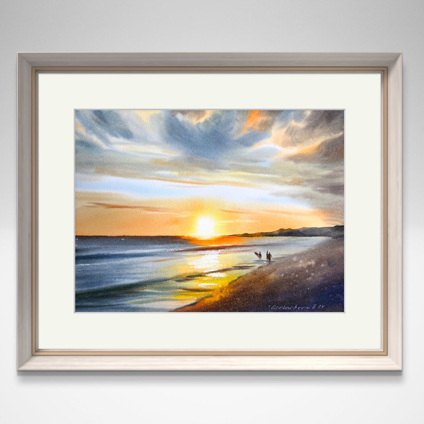 Original Watercolor Painting 'Surfing at Sunset' 9x12 in - Beach Sunset Art