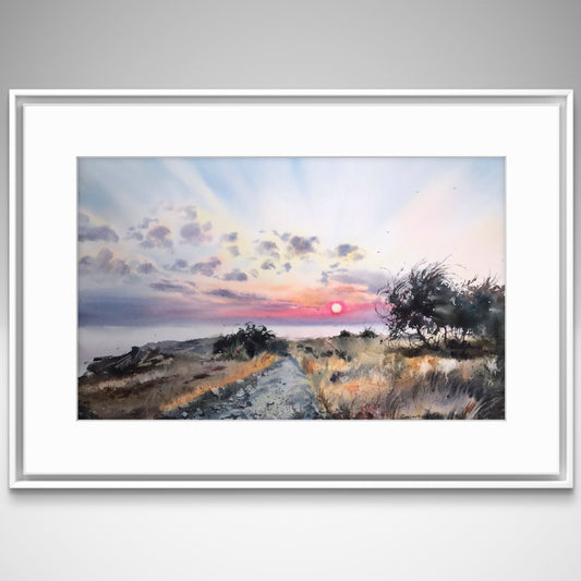 Seascape Painting Watercolor Original - Sunset on the Sea Cyprus - 13 x 22 in