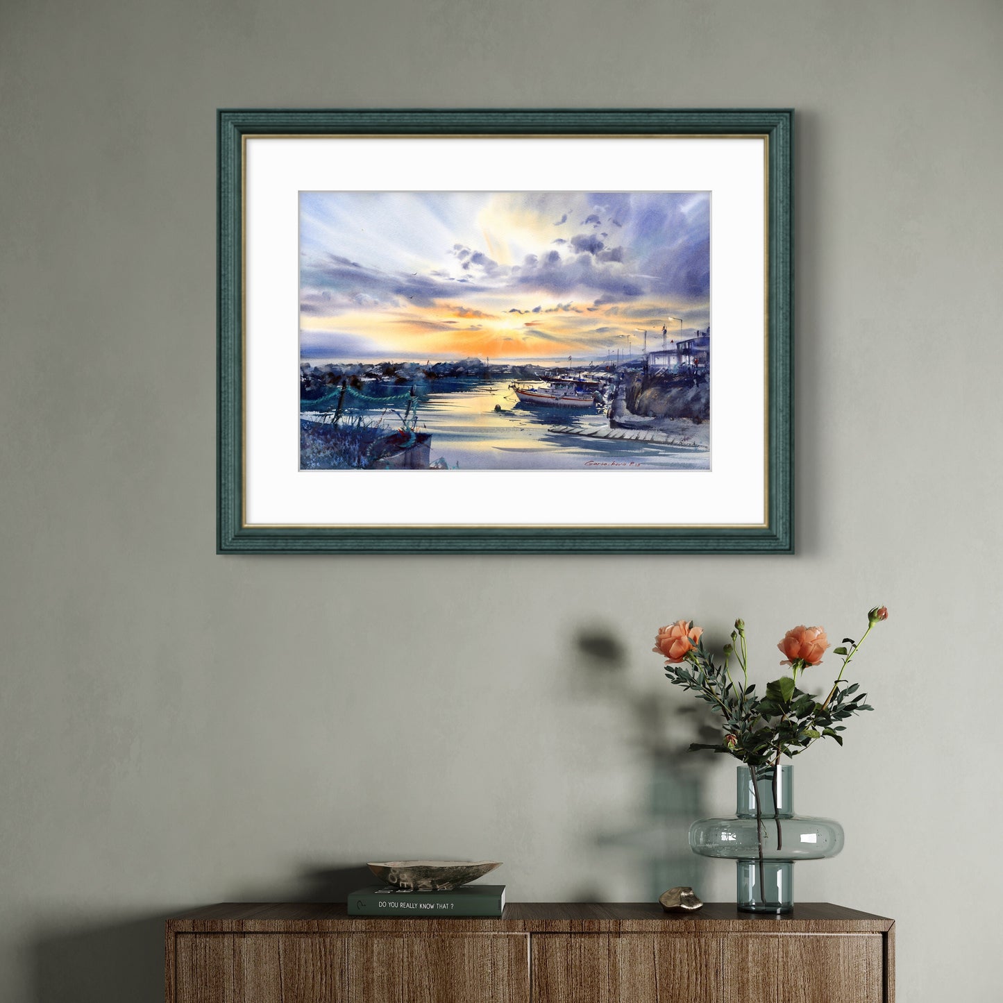 Cyprus Harbor Sunset Watercolor Painting, Harbor of Silent Dreams 15x22 in