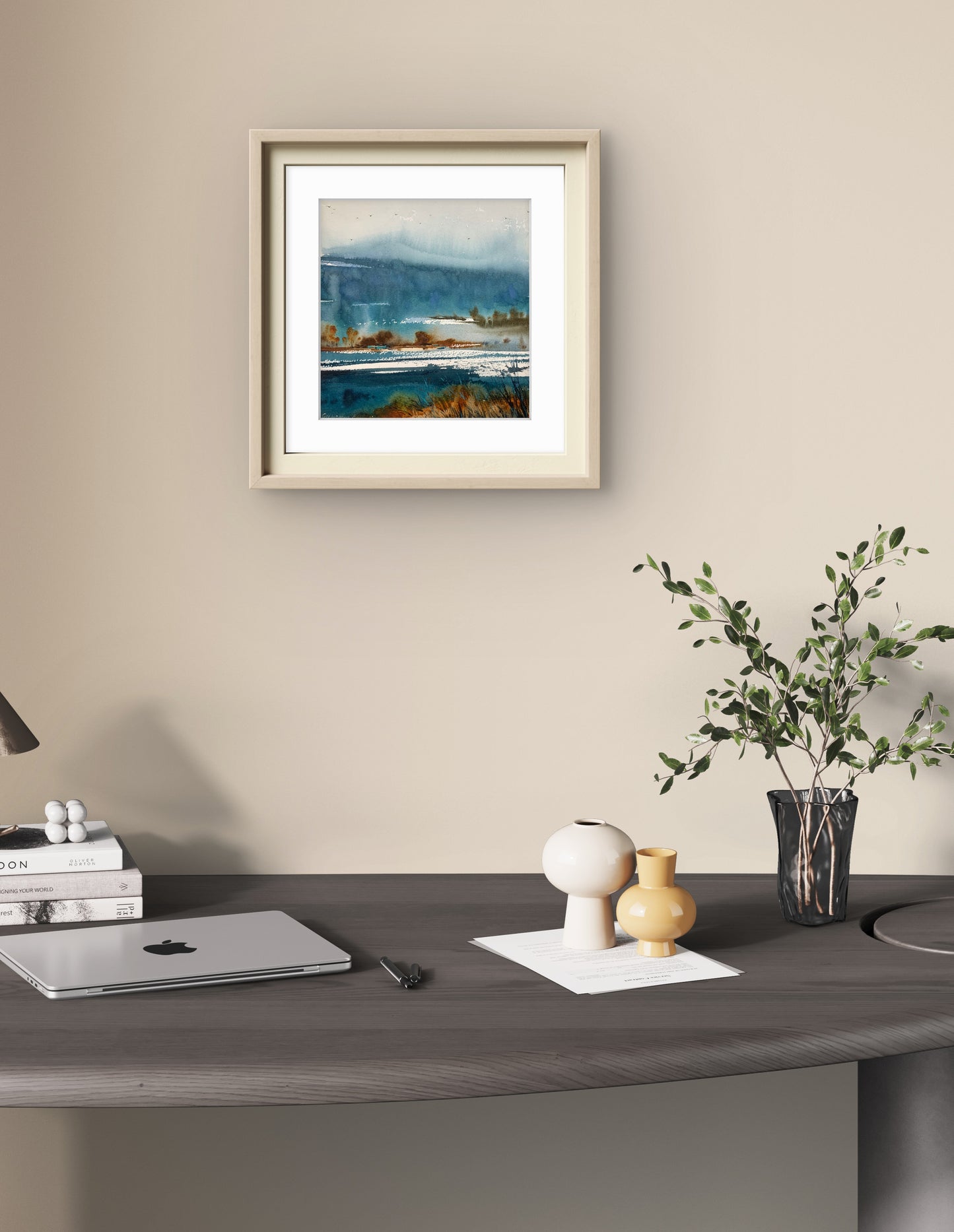 Mountain Valley Village Watercolor Painting, Mountain river #12 9x9