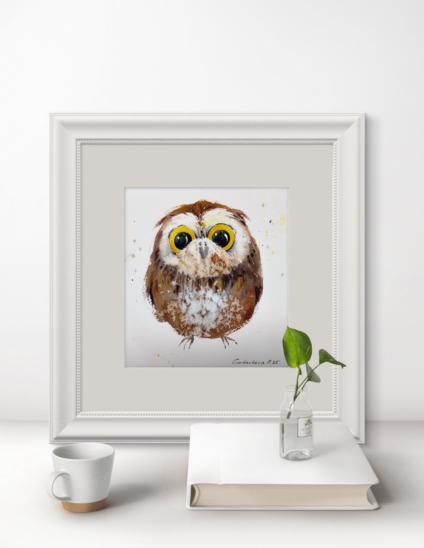 Original Watercolor Painting Tiny Owl, Cute Baby Owl Art, Charming owlet 7x7 in