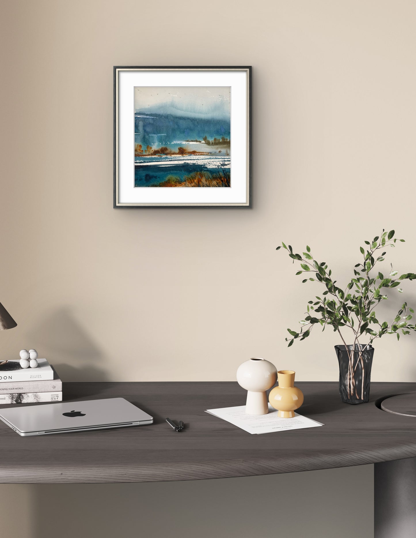 Mountain Valley Village Watercolor Painting, Mountain river #12 9x9