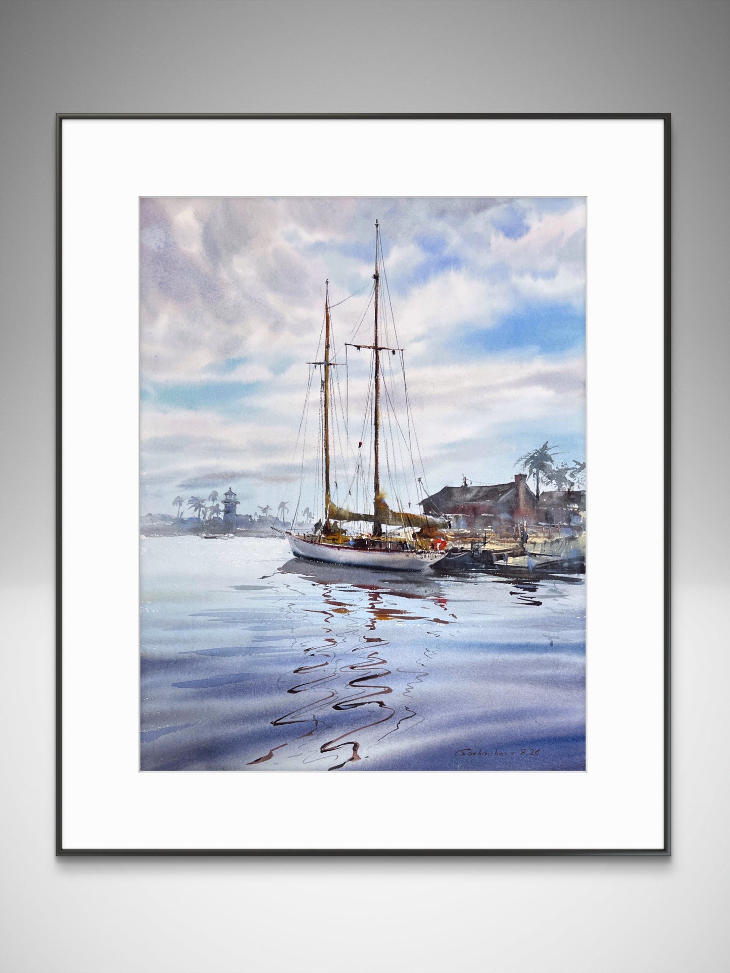 Coastal Harbor Sailboat Watercolor Painting, Reflections at Dawn 12x16
