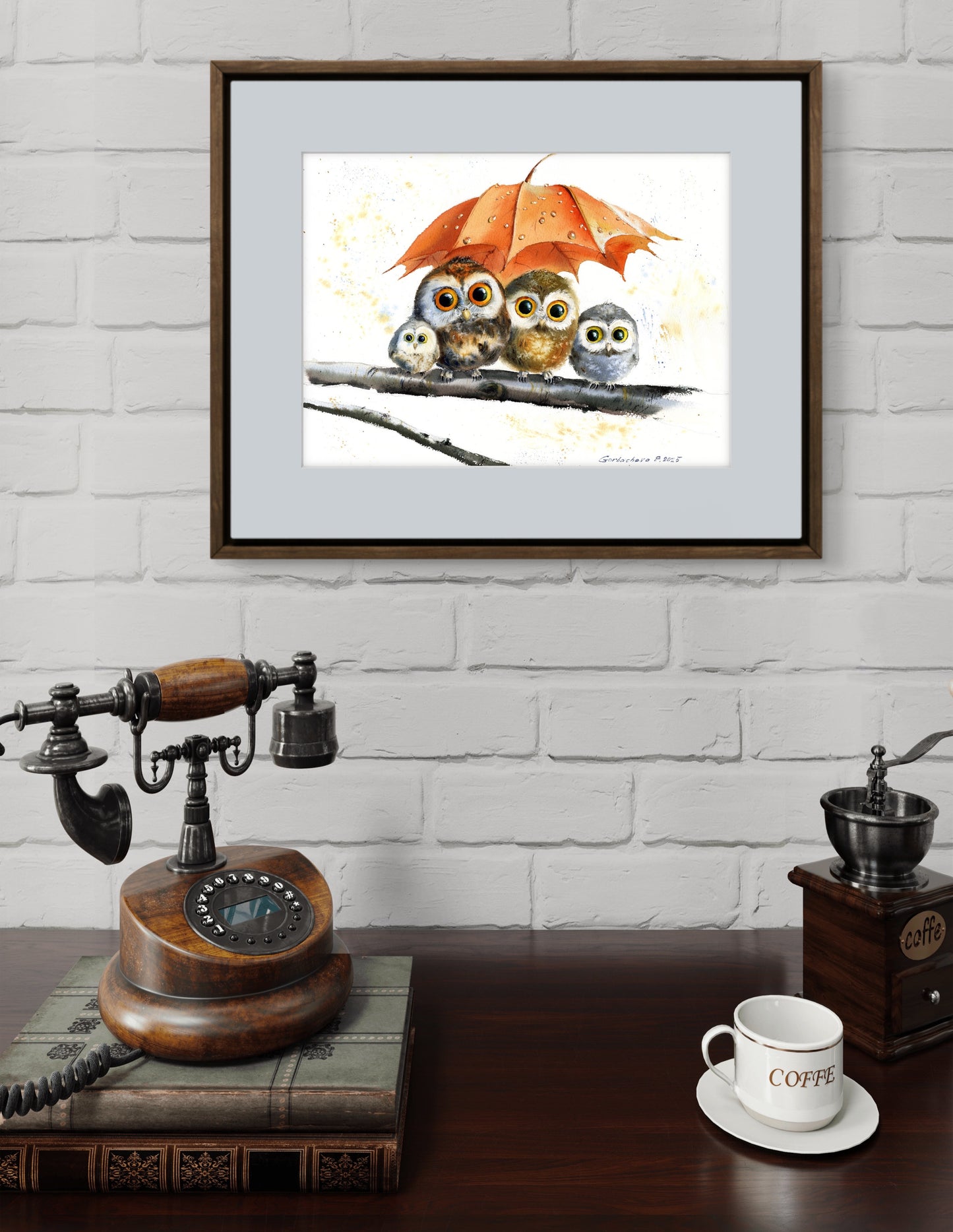 Original Owl Watercolor Painting | Cute Owls Under Autumn Leaf |Owl Umbrella Haven 11x15 in