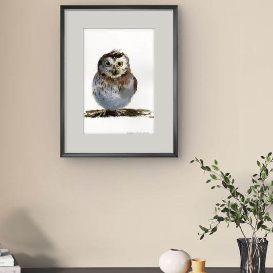 Little Owl Watercolor Painting, Little owl on a branch #17 8x12