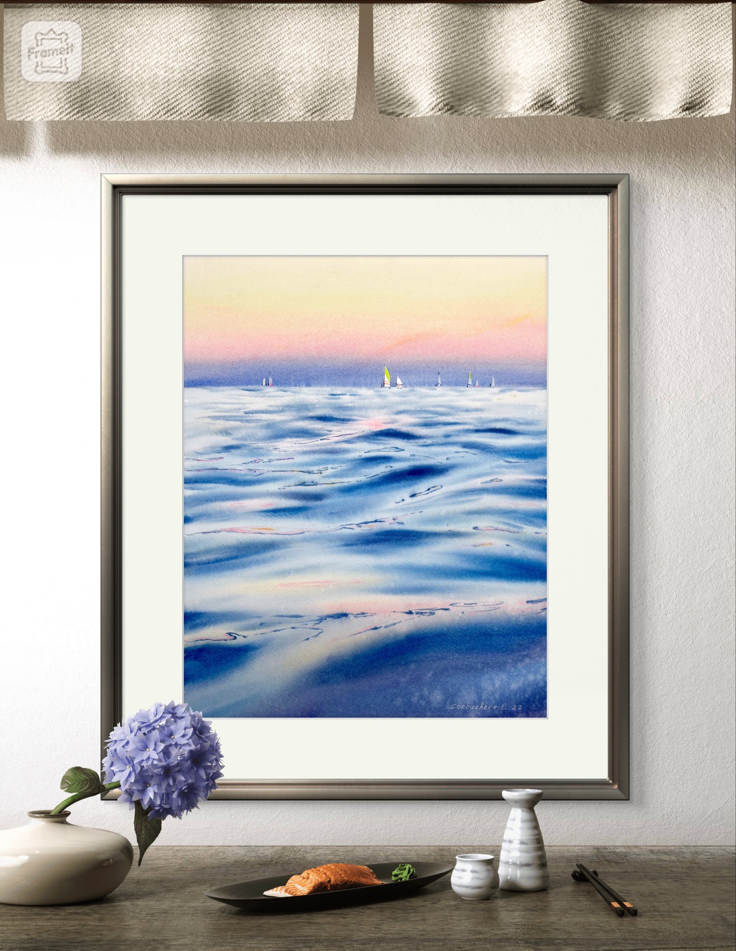 Seaview Painting, Yachting Watercolor Original Artwork, Sailboat Art, Coastal Artwork, Living Room Wall Decor, Pink Blue