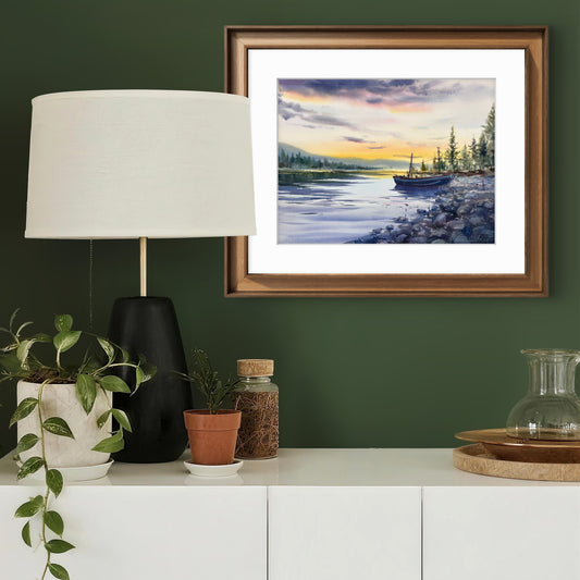 Sunset Lake Watercolor Painting, Original Boat Landscape Art, A lonely boat at sunset  12x16