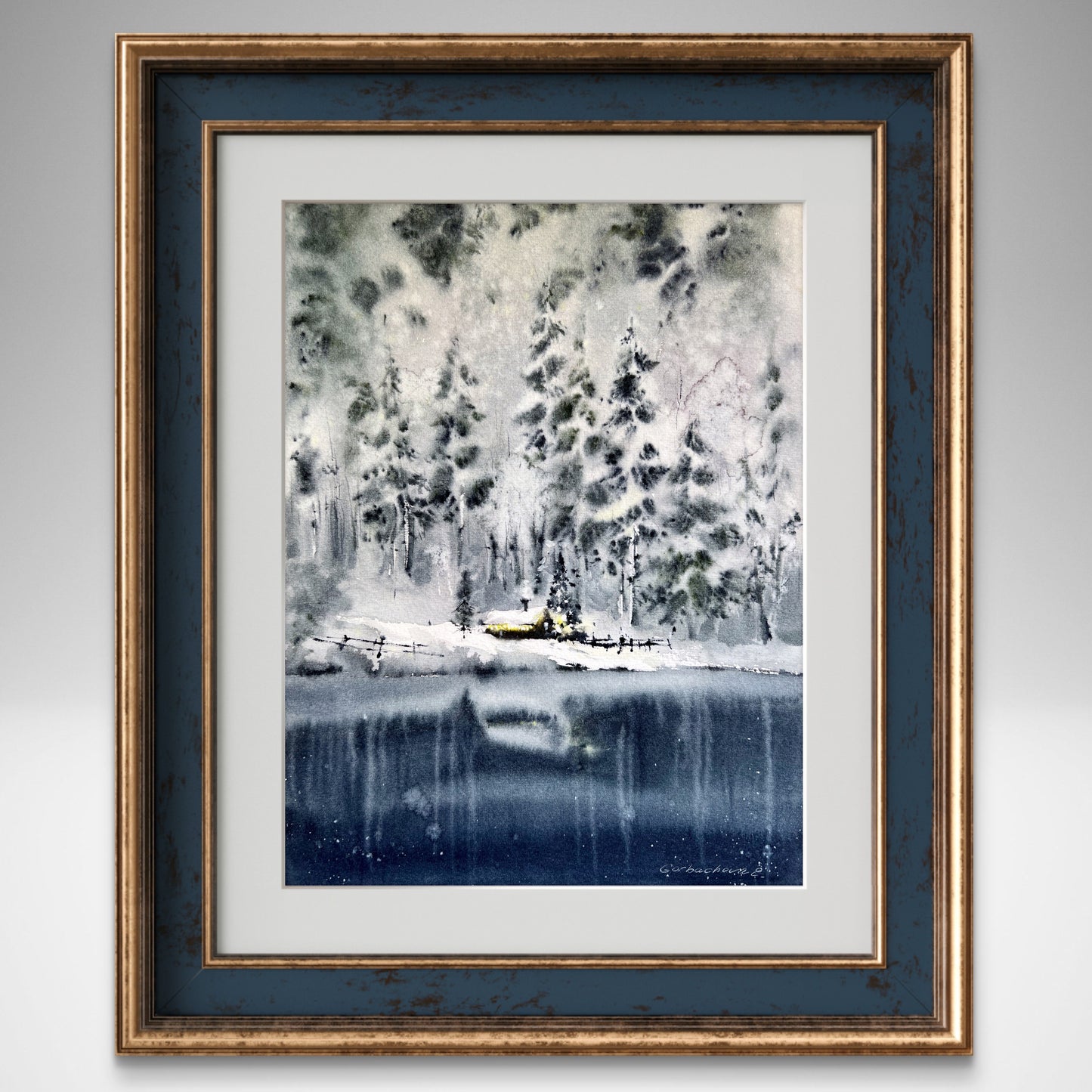 Forest Winter Scene Watercolor Original - Frosty Mountain Artwork, Landscape Painting