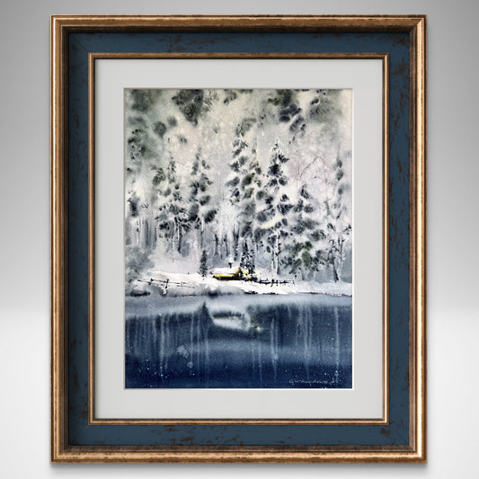 Forest Winter Scene Watercolor Original - Frosty Mountain Artwork, Landscape Painting