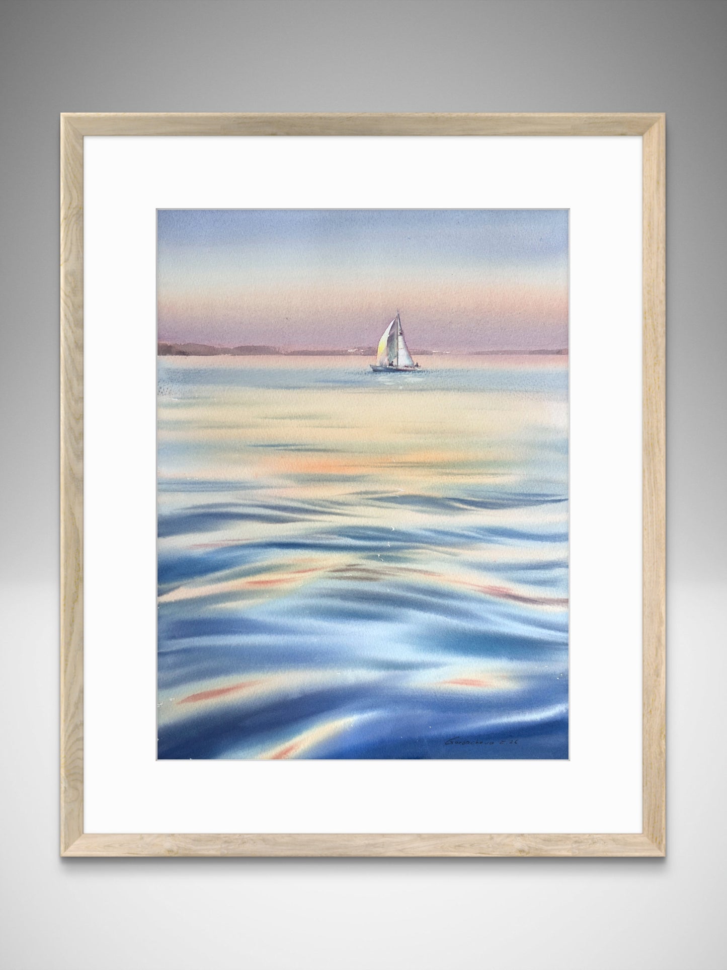Pastel Sea Watercolor Painting, Sailboat at Sunset, Original Ocean Artwork, Sunset Yacht Song 12x16