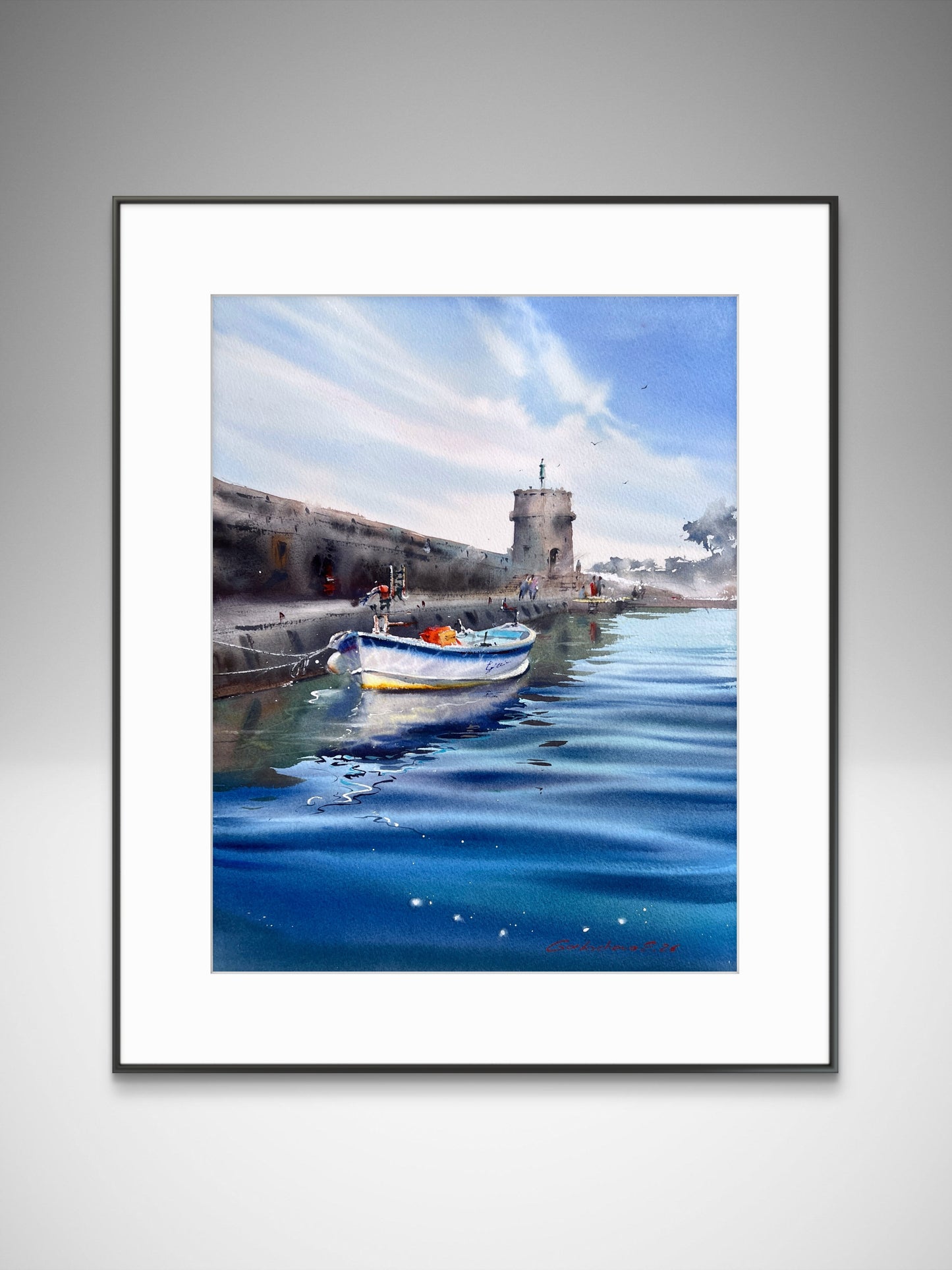 Liguria Italy Watercolor, Italian Harbor Painting, Blue Waters of Liguria 12x16 in