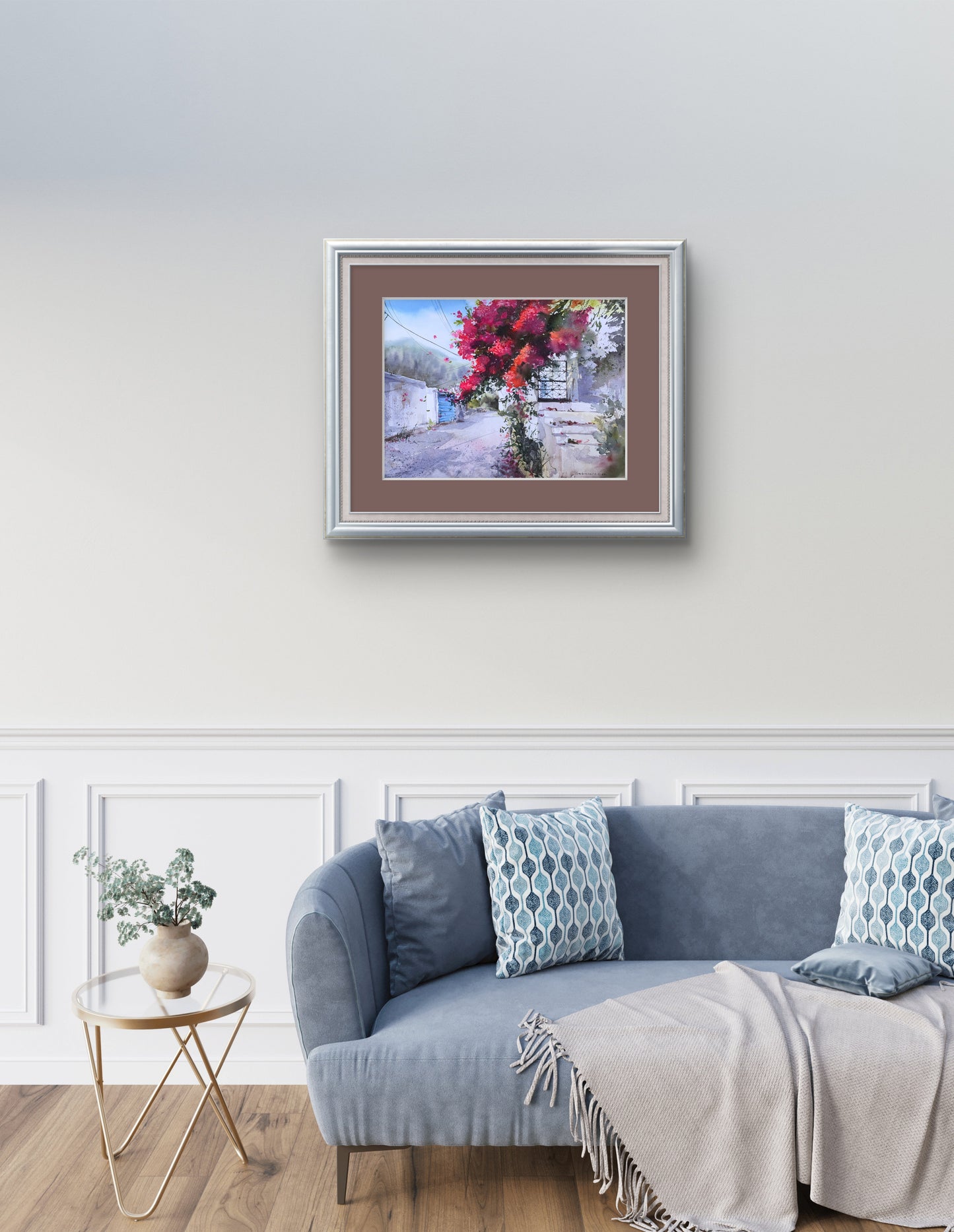 Greek Painting Watercolor, Original Artwork, Greece, Blue White Cityscape, Bougainvillea Wall Art, ENGLISH VILLAGE CYPRUS #6 12x16