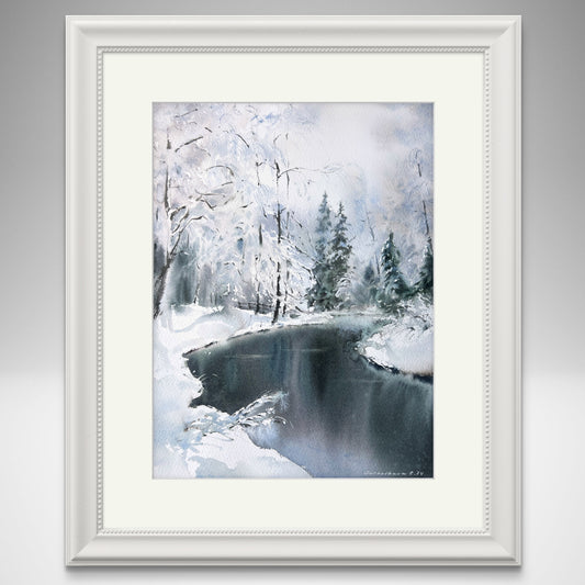 Serene Winter Landscape Art: 'Frozen River #7' - Unique Watercolor Painting