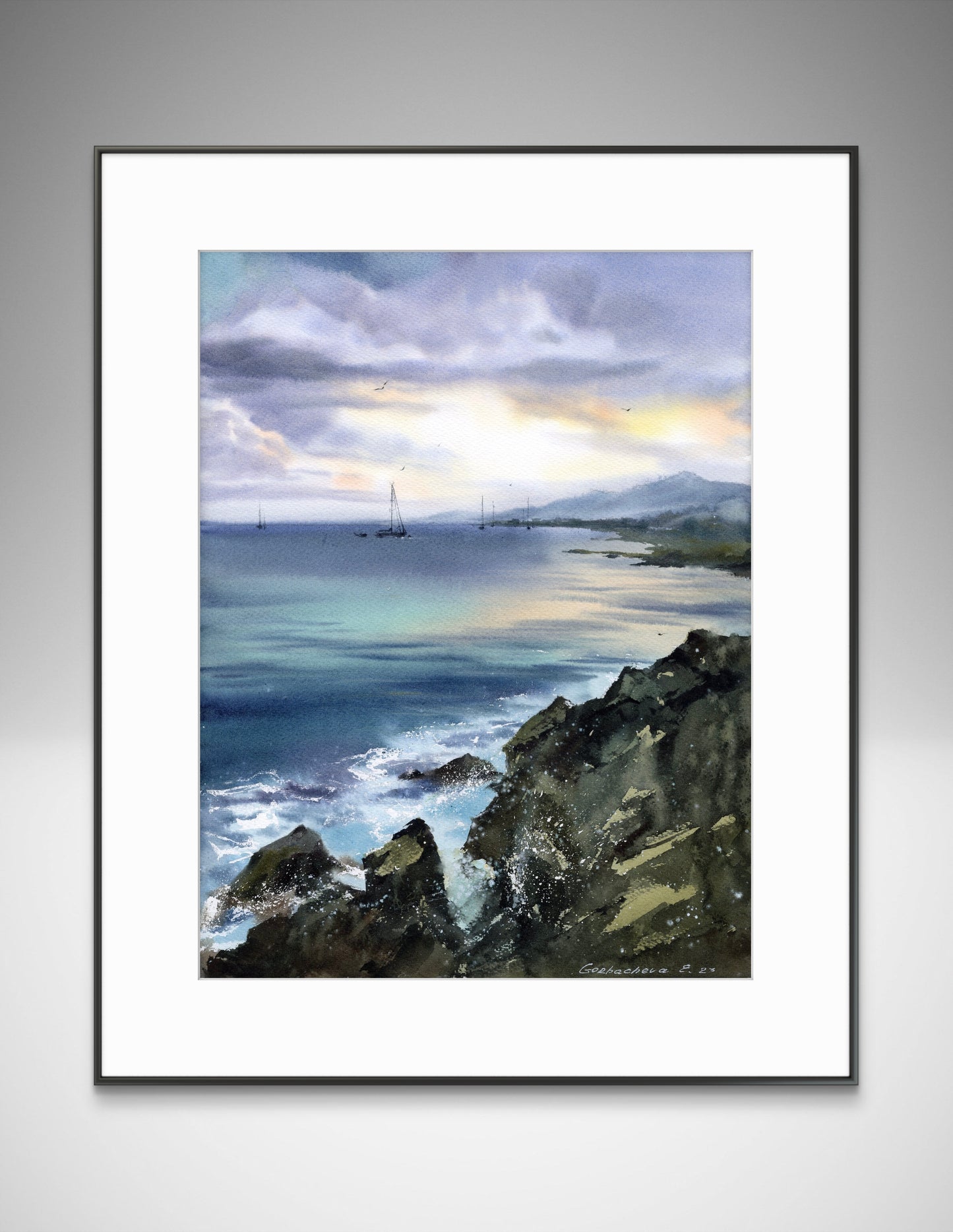 Seaview Painting Watercolour Original - Yachts at sea #20
