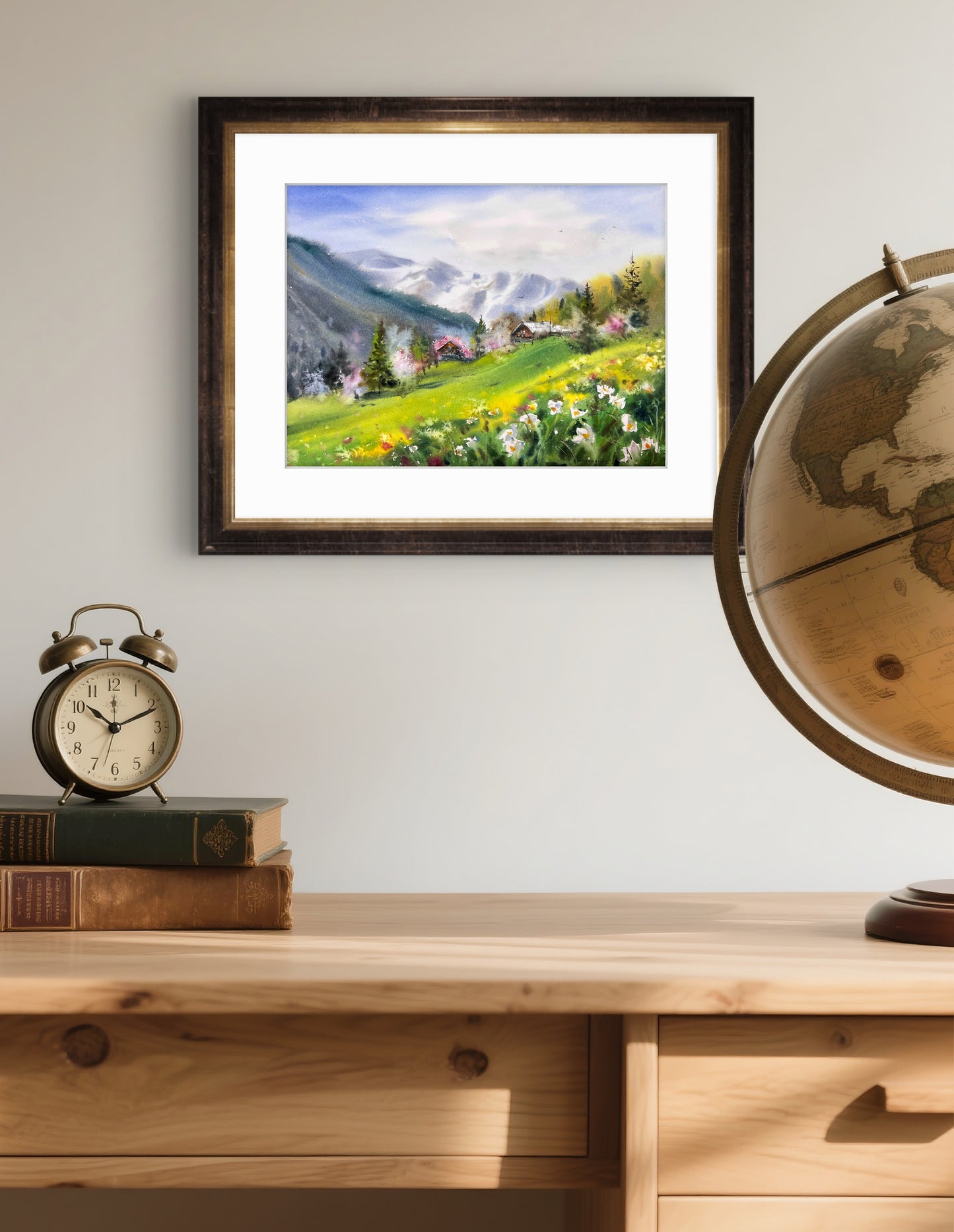 Watercolor Mountain Landscape Painting, Alpine Meadow with Flowers, Song of Green Valleys 9x12 in