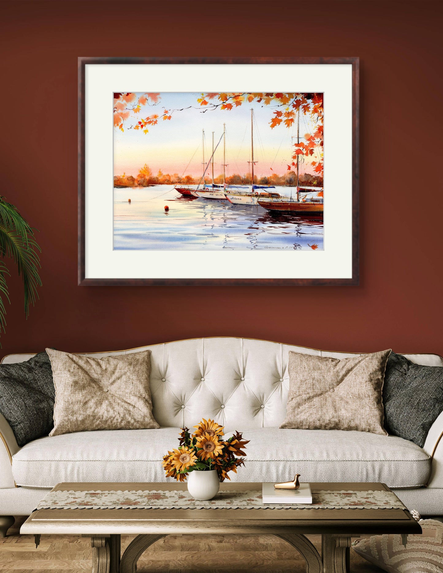 Serene Sailboat & Autumn Foliage Watercolor Print - Painterly Nautical Decor