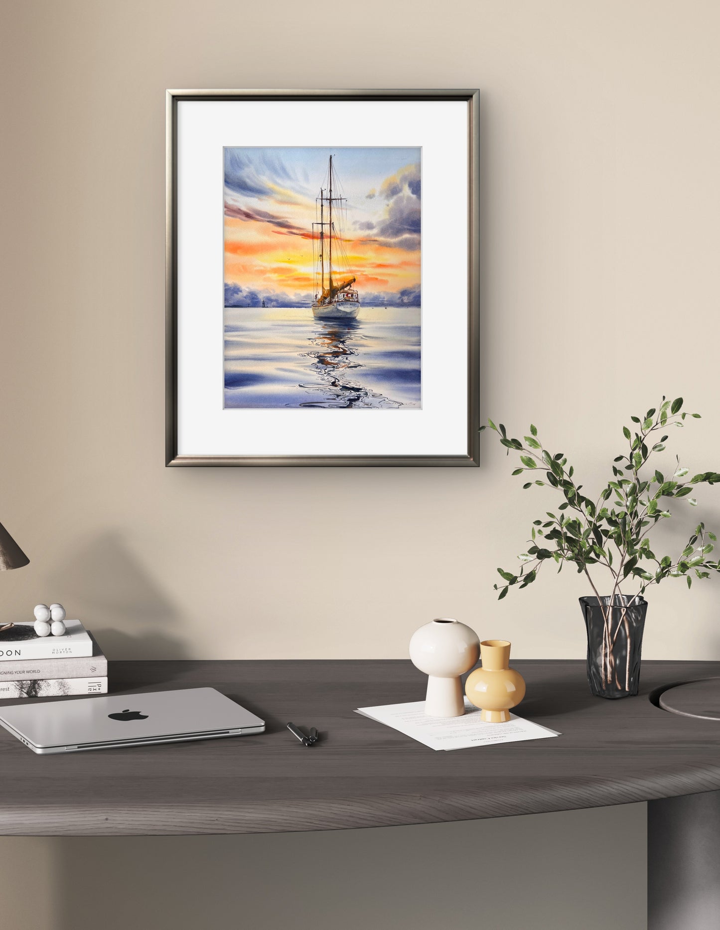 Original Sunset Sailboat Watercolor Painting, Yacht on Reflective Water Art,Golden hour on a yacht #2 12x16 in