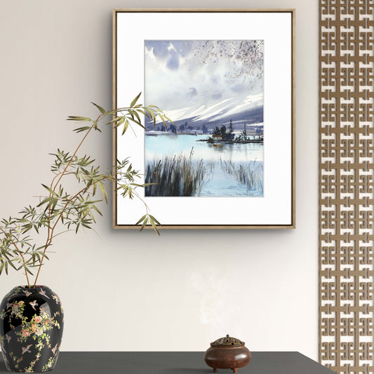 Painting of Mountain Lake House, Original Watercolor Landscape in Autumn, Blue Abstract Art,Mountain Lake #18