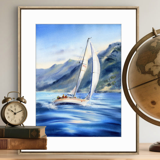 Sailing Boat Watercolor Painting, Ocean Landscape Art, Yacht on the waves #4 12x16