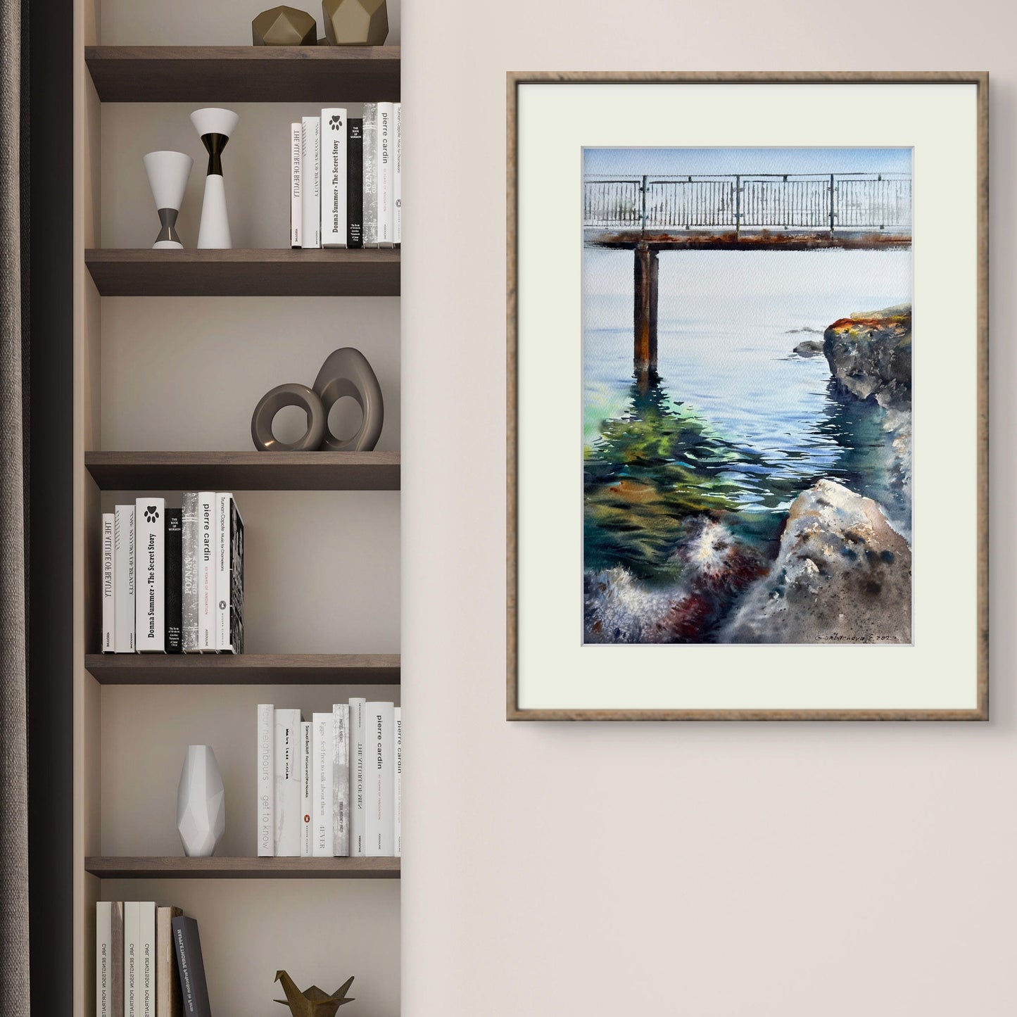 Sea Bridge Painting, Marine Watercolor Original Artwork, Cyprus Seascape,Sea Coast Bridge, 15x22