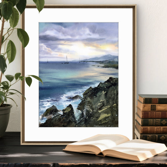 Seaview Painting Watercolour Original - Yachts at sea #20